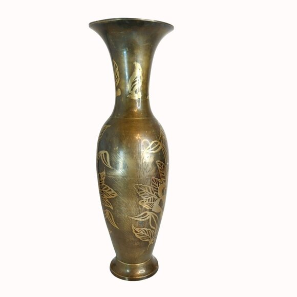 Vintage Solid Brass Etched Floral Design Vase Made In India - 13.75" Tall - Picture 4 of 7